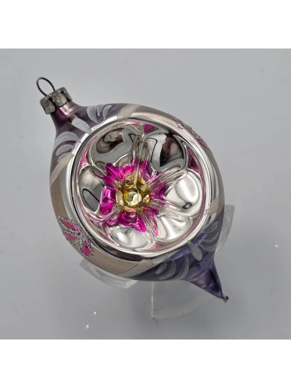 Reflector Glass Ornament Teardrop Indent Purple PInk Flowers Christmas 4